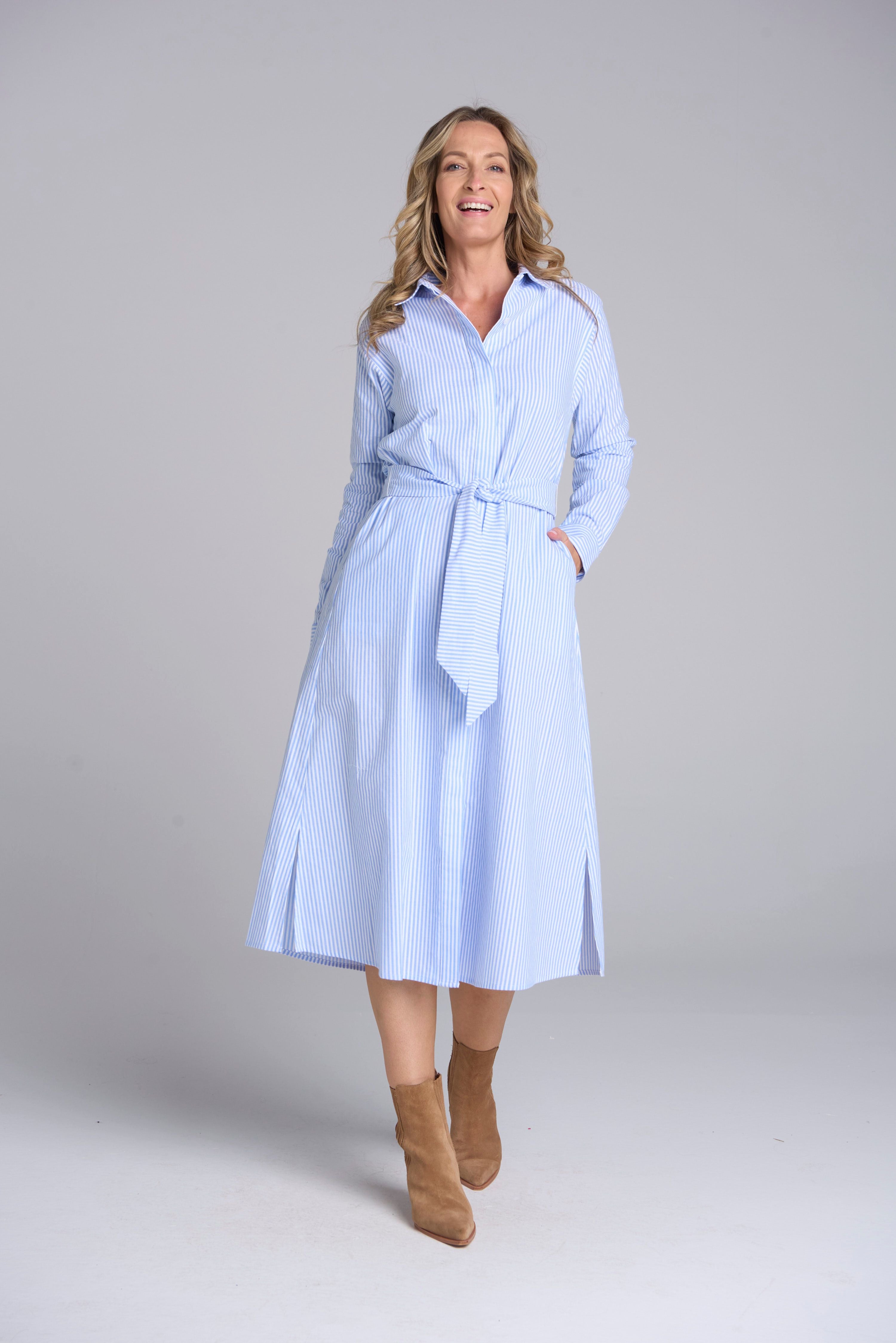 Goondiwindi Cotton Blue/White Stripe Dress with Self Belt