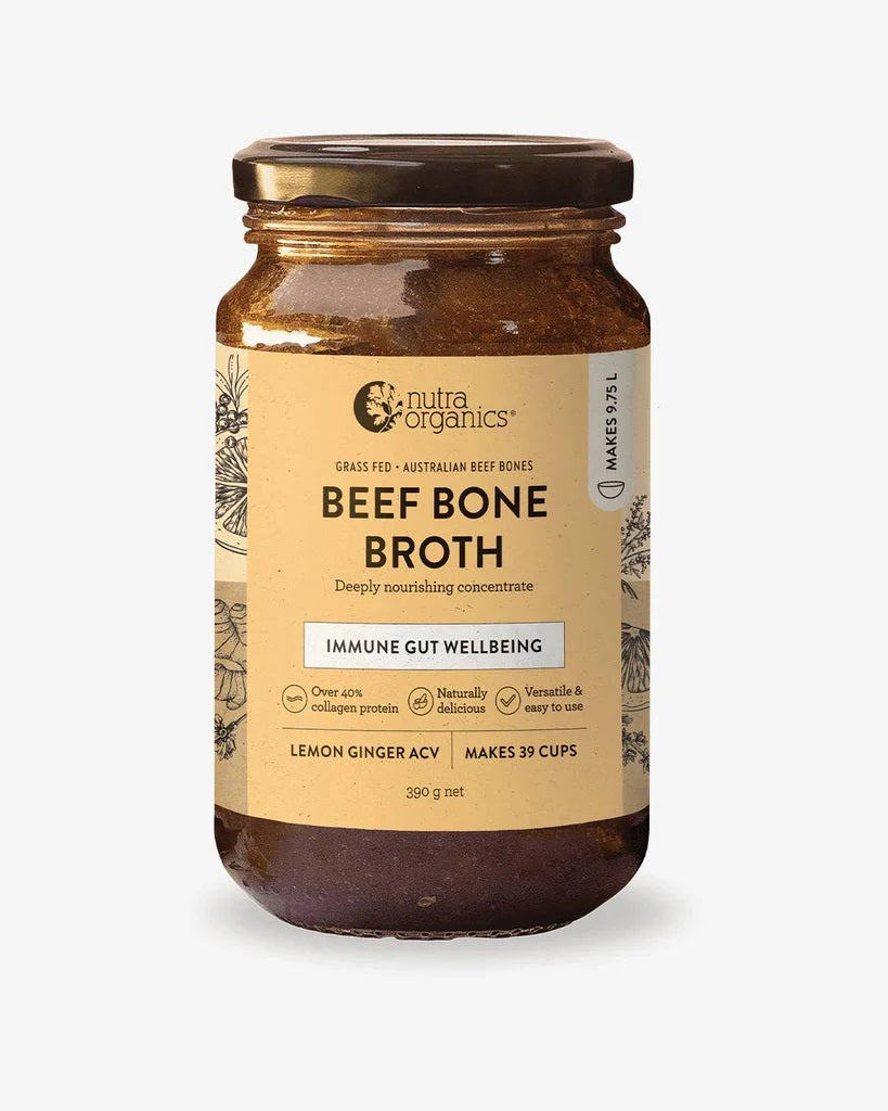 Nutra Organics Beef Bone Broth Concentrate Lemon Ginger ACV 390g