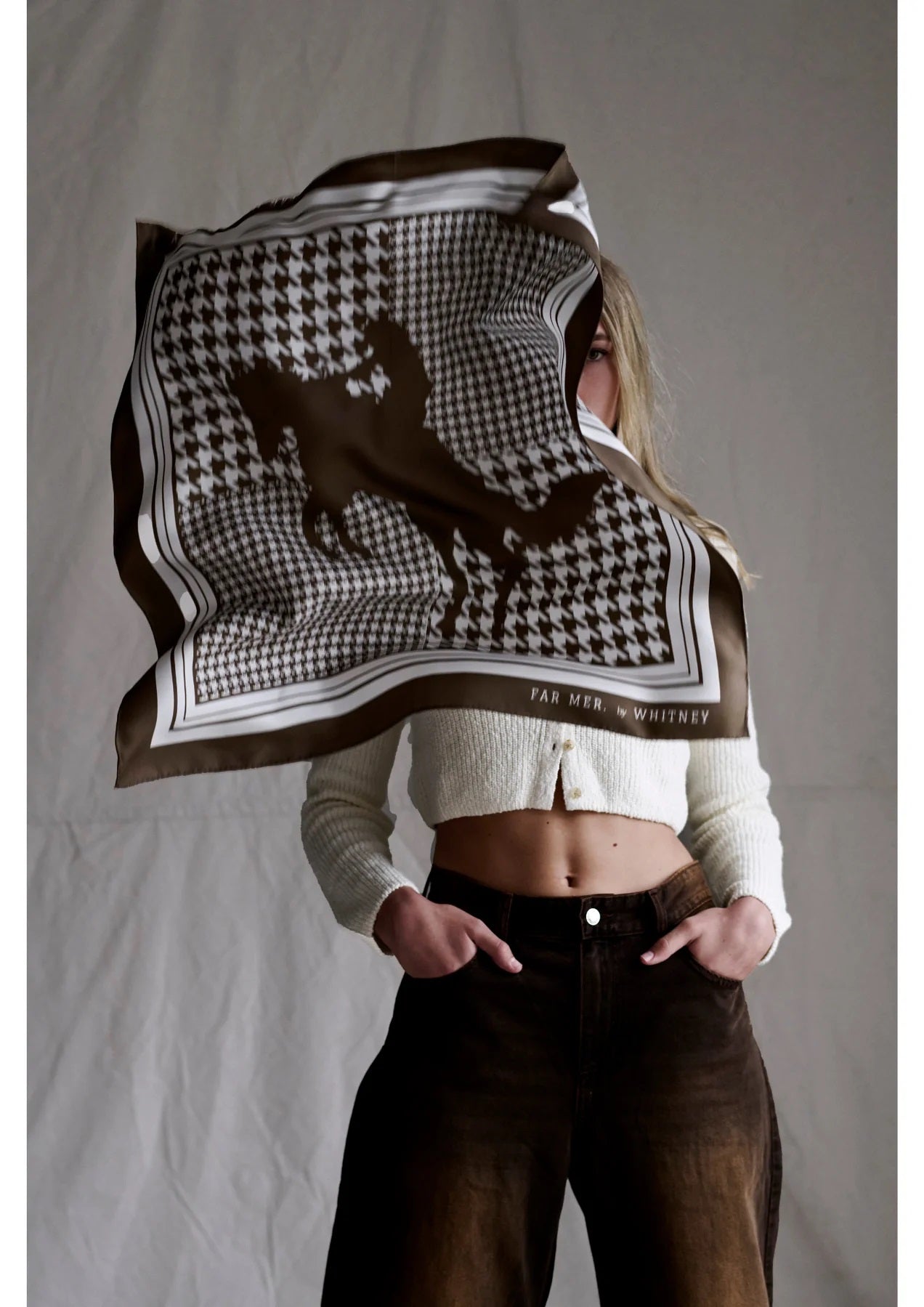 FAR MER Houndstooth Horse Chocolate Silk Bandana